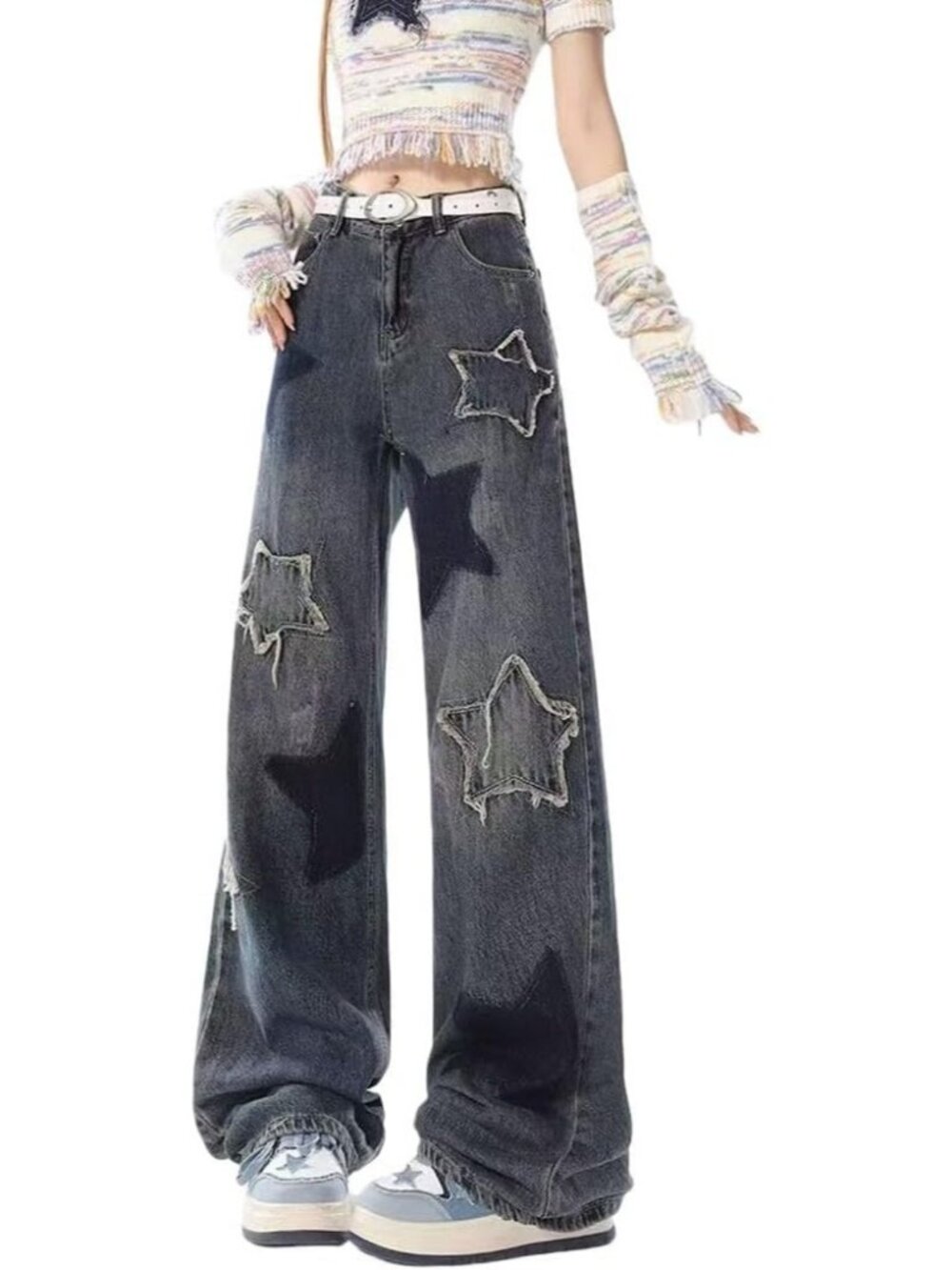 Women Blue Denim Butterfly Print Y2k Wide Leg High Rise Waisted Baggy Jeans